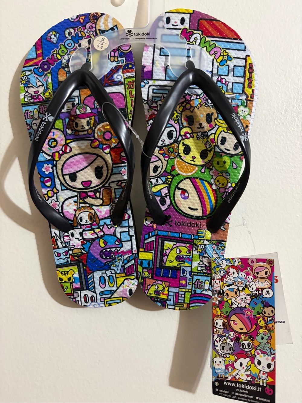 tokidoki Multicolor Character Flip Flops Small 5-6 with Black Straps